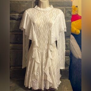 NWOT Free People dress, fit & flare,white mesh lace high neck, ruffles, S